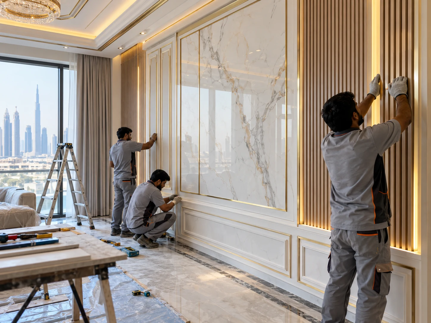 Decorative wall panel and feature-wall installation in a Dubai interior